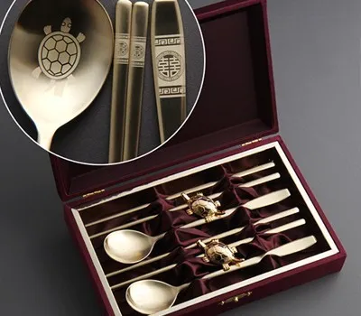 결혼식 판촉물 친환경 소재로 제작하기 5 희 거북 골드 수저 2인 세트 거북받침 포함